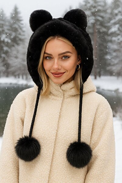 Axesoire 14512 Ponpon İpli Siyah Pilot Şapka Bere