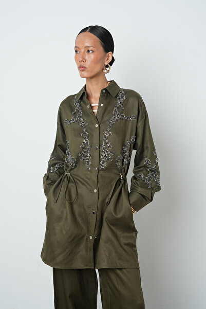 Orfeo Negro Women's Beaded Waist-Tied Jacket with Snap Closure