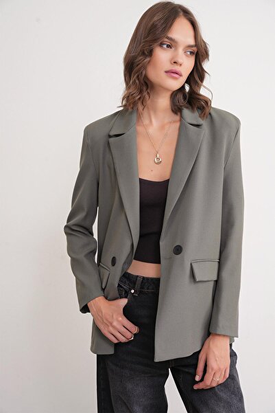 Mixray Khaki 4516 Model Women's Blazer Jacket - Peas Detail