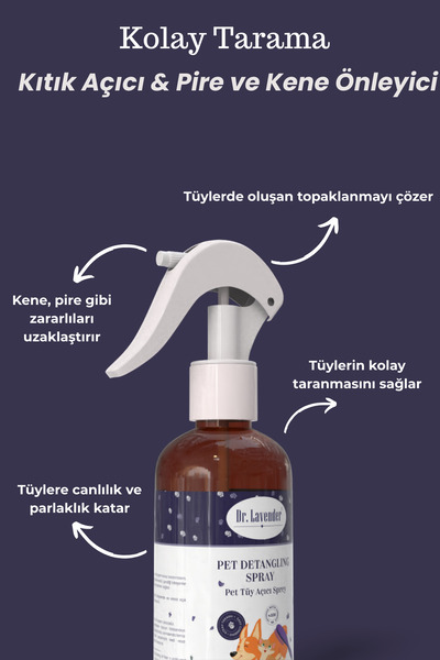 Dr.Lavender 2'li Lavantalı Pet Tüy Açıcı Kene Ve Pire Önleyici Kolay Tarama Ve Tüy Bakım Spreyi Kıtık Açıcı