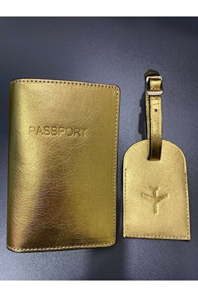 Seyahataksesuar Gold Leather Passport Cover and Luggage Tag Set