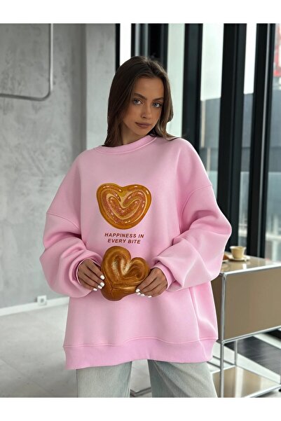 The Champ Clothing Γυναικείο φούτερ φόρεμα oversize Bakery Heart Palmier με στάμπα ροζ – Crew Neck, 3 Thread Fleece