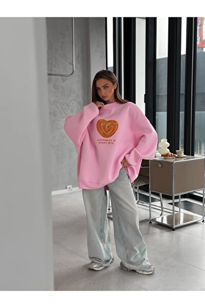 The Champ Clothing Γυναικείο φούτερ φόρεμα oversize Bakery Heart Palmier με στάμπα ροζ – Crew Neck, 3 Thread Fleece