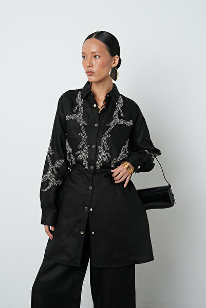 Orfeo Negro Women's Beaded Waist-Tied Jacket with Snap Closure