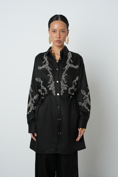 Orfeo Negro Women's Beaded Waist-Tied Jacket with Snap Closure