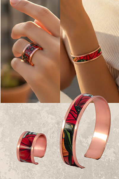 OSMANLI GÜMÜŞ Women's Copper Bracelet Ring Set - Chlara Model Special Edition Metal Box and Quartz Stone