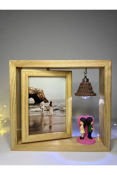 AHŞAPTAN SANAT El Yapımı Ahşap Dönen Çerçeve Işıklı Kalpli Sevgili Figürü