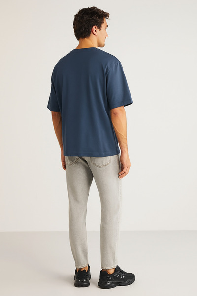 GUARAZ Чоловічий індіго синій оверсайз футболка з круглим вирізом, 100% органічна бавовна, прямий крій, базова літня футболка