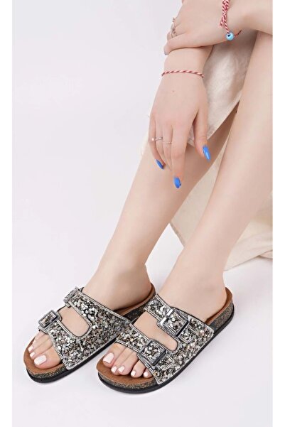 KOCAMANLAR Feles Double Buckle Cork Sole Stone Detailed Women's Slippers Gray