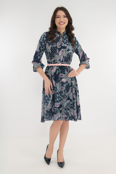 Vanessa Line RO Navy blue wrap dress with a pink belt at the waist
