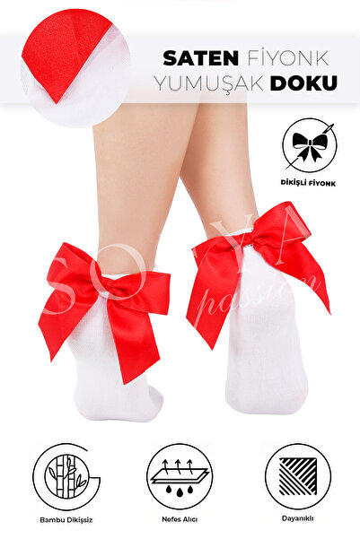 Sofya Passion Red Bow Bamboo White Socks - Seamless Toe, Soft White Women's S...