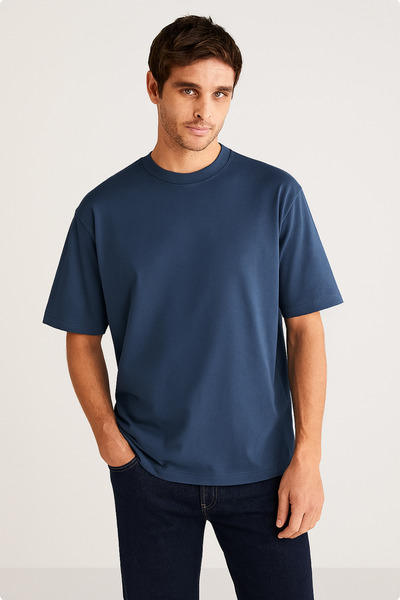 GUARAZ Чоловічий індіго синій оверсайз футболка з круглим вирізом, 100% органічна бавовна, прямий крій, базова літня футболка