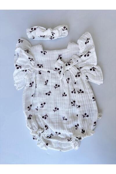 Mylamia White Floral Patterned Bandana 100% Cotton Muslin Baby Girl Romper