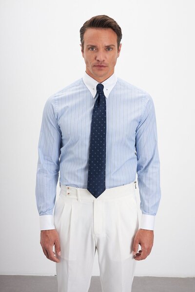 Paşahan Comfort Fit Striped 100% Cotton Men's Shirt with Lapel Pin