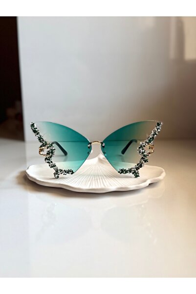 BBbutik Taşlı Yeşil Degrade Camlı Kelebek Güneş Gözlüğü