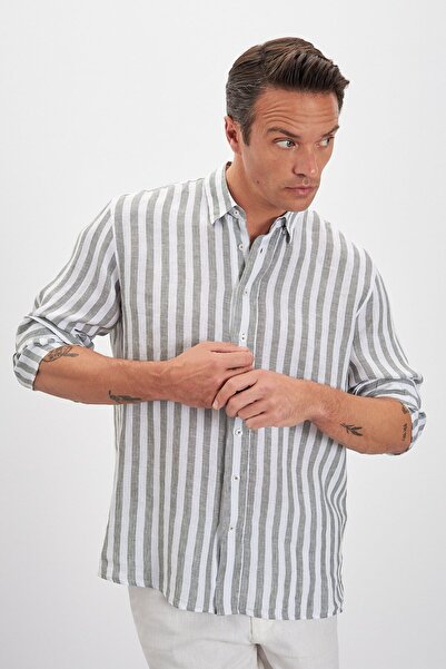 Paşahan Relax Fit Striped Bottom Collar 100% Linen Men's Shirt