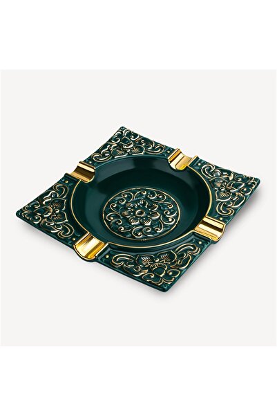 Lubinski Embossed Motif Porcelain Cigar Ashtray Green/Gold Set of 4