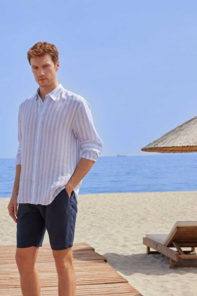 Paşahan Relax Fit Смугаста сорочка з коміром під шиєю, 100% льон, чоловіча сорочка