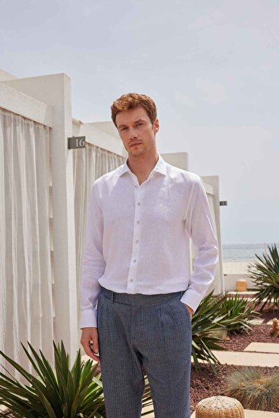 Paşahan Ανδρικό πουκάμισο Italian Collar Comfort Fit Plain 100% λινό