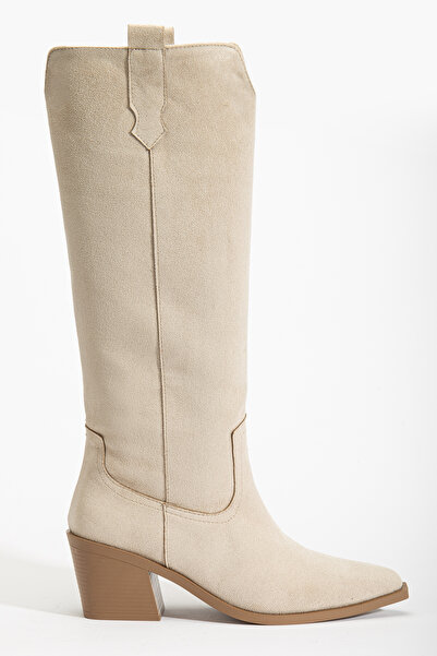 DENORA Cizme plate de cowboy western cu toc din piele de căprioară mată, bej,...