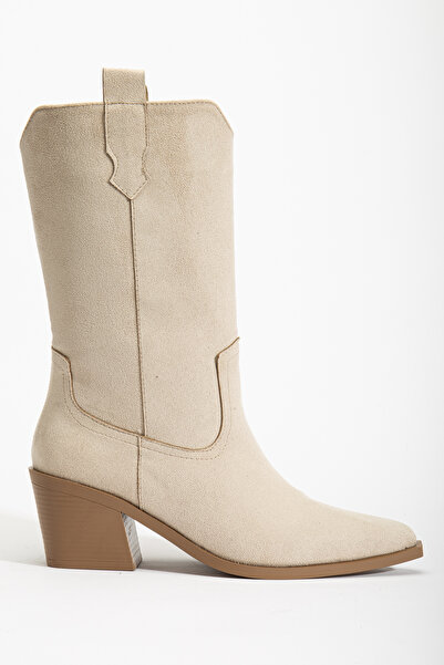 DENORA Bej Ten Krem Mat Süet Ara Boy Düz Desen Topuklu Kovboy Bot Çizme