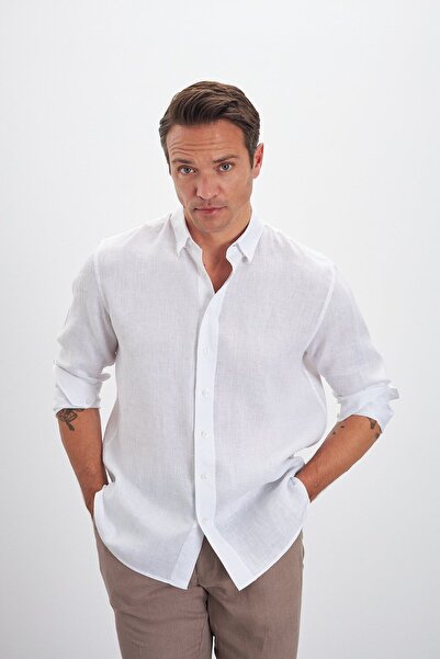 Paşahan Relax Fit Bottom Collar 100% Linen Men's Shirt