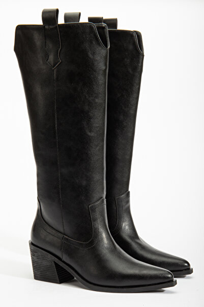 DENORA Μαύρες ματ δερμάτινες καουμπόικες μπότες με τακούνι