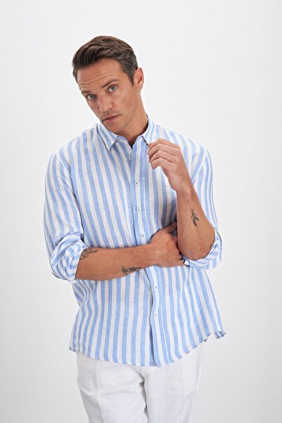 Paşahan Relax Fit Striped Bottom Collar 100% Linen Men's Shirt