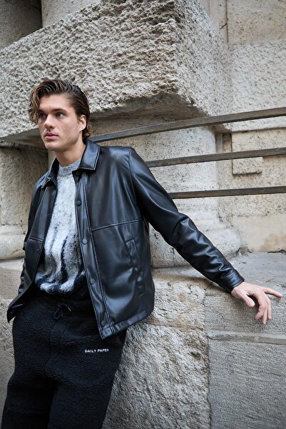 Danger Men's Shirt Collar Leather Black Jacket