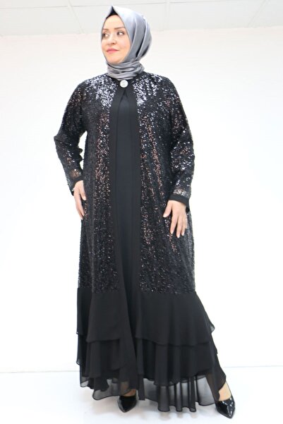 Eslina F-57201 Plus Size Skirt Layered Sandy -Sequin Dress - Black