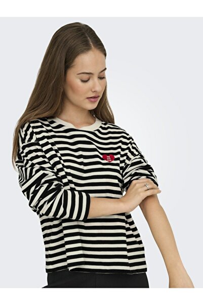 ONLY Кадин Сиях Онливина L/s O-neck Stripe Top Jrs Суитшърт 15359682-Черно