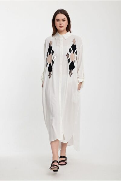 bacc White Sequined Women's Shirt Dress - Long Woven Bcvl-24943
