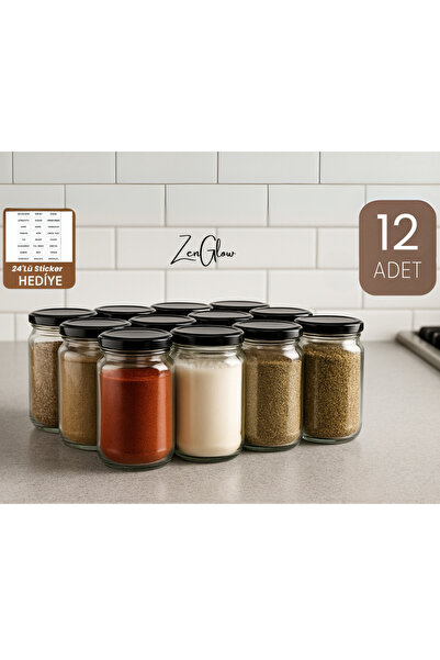 ZenGlow 12’li Cam Baharatlık Seti - Metal Kapaklı Kavanoz Baharat Saklama Kab...