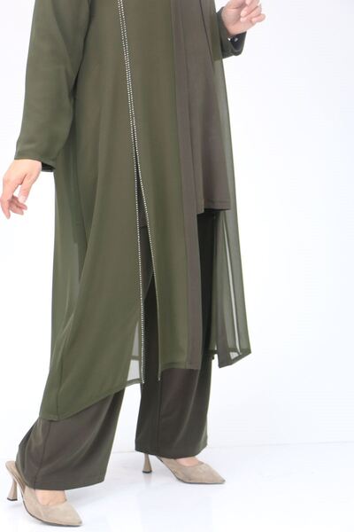 Eslina F-47307 Large Size Stone Printed Three-Piece Set - Khaki