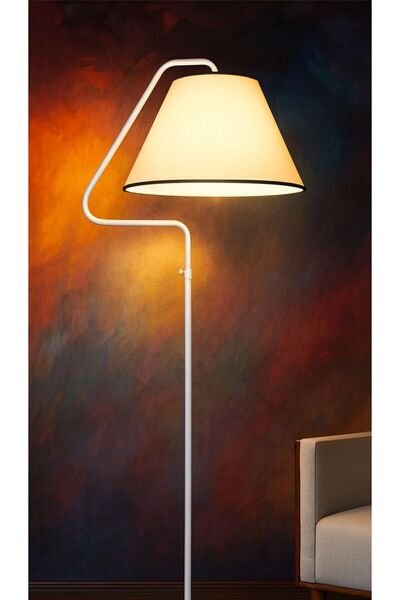 VENON Lambader Üçgen Beyaz Metal Gövde Krem Kumaş Şapka Tek Ayaklı Lambader S...