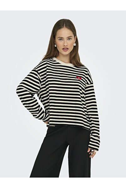 ONLY Кадин Сиях Онливина L/s O-neck Stripe Top Jrs Суитшърт 15359682-Черно