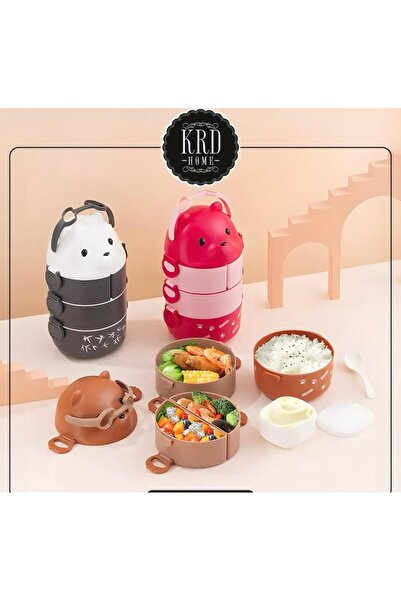 YzHome 4 Compartment Acrylic Lunch Box Bag with Teddy Bear and Handle Storage Container