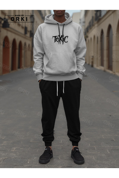 EFFRENATU Toxic Printed Gray Oversize Hoodie & Black Jogger Tracksuit Set