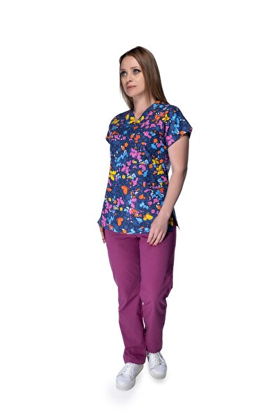 Sarıçiyil Üniforma زي طبيب ممرضة المستشفى (أسفل نمط الفراشة من الليكرا الناعمة)