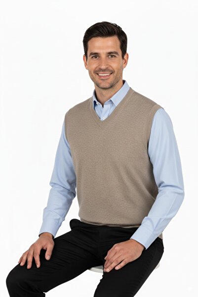 Oppland Мъжки едноцветен класически модел с V-образно деколте, тънък вълнен тъкан пуловер с удобна кройка