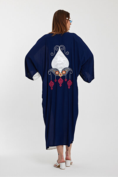 bacc Navy Blue and White Embroidered Long Woven Women's Dress - Bcvl-24956