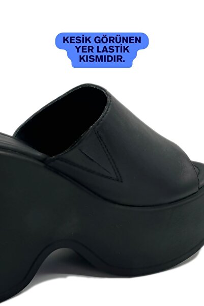 Limeo Siyah Yüksek Dolgu Topuklu Hakiki Deri Tek Kalın Şeritli Önü Açık Yazlık Kadın Terlik Sandalet