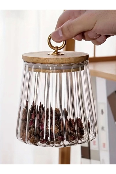 Yenigeldi 1 Piece 700 ml Striped Heat Resistant Glass Jar with Ring Bamboo Lid