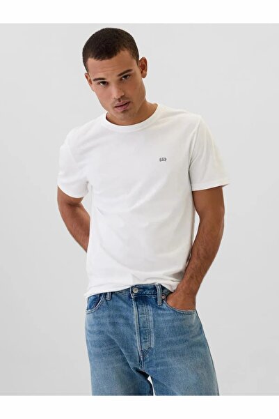 GAP Чоловіча біла футболка з V-подібним вирізом Everyday Soft Micro Logo Crew T-shirt 502022001-Beyaz