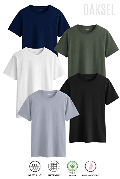 DK DAKSEL Erkek 5li Pamuklu Kısa Kollu Bisiklet Yaka Bol Tişört