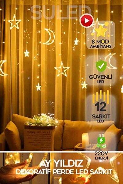 KULVARAVM Ay Yıldızlı Perde Led Işık Saçaklı Perde Led Parti Süsü Animasyonlu Yılbaşı Doğum Günü