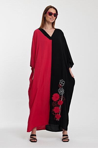 bacc Fuchsia Color Blocked Embroidered Long Shirt Dress - V-Neck Bcvl-24958