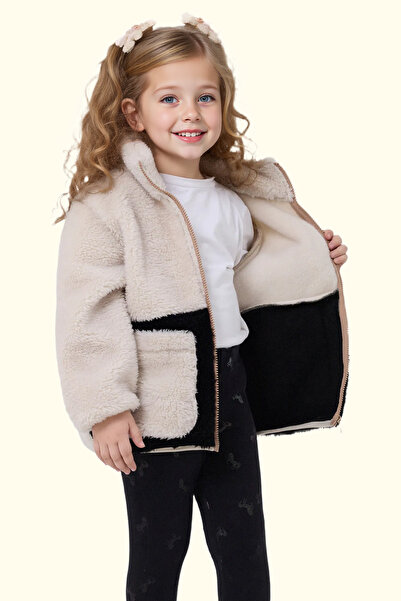 freemen Palton de iarnă Welsoft cu fermoar negru ecru de pluș pentru fete