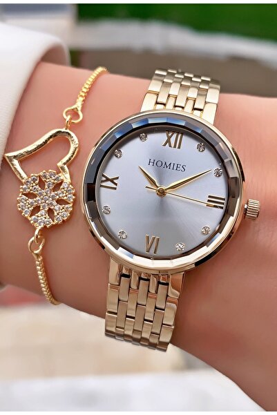Homies ساعة يد نسائية مقاومة للماء باللون الذهبي - هدية سوار