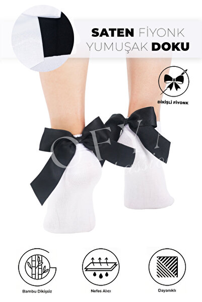 Sofya Passion Black Bow Bamboo White Socks - Seamless Toe, Soft White Women's Socks